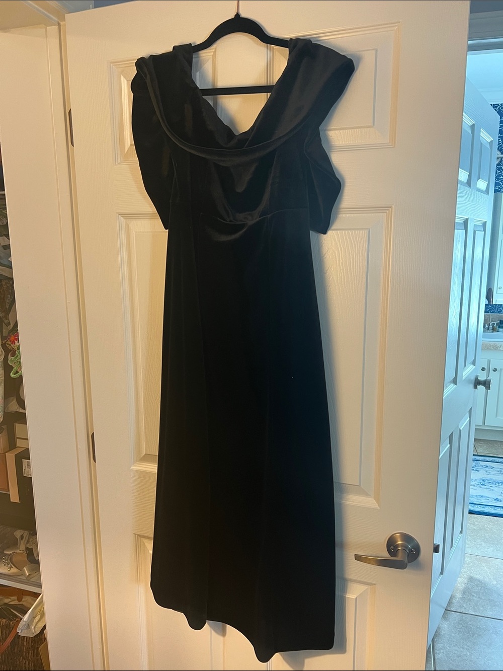 Elegant black velvet off the shoulder maxi dress M
